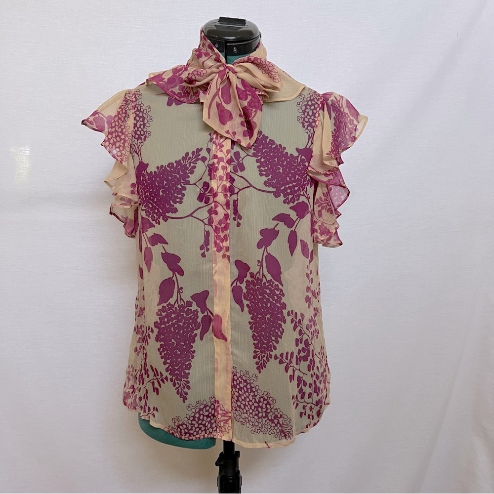 Theory Deep Pink  100% Silk Flutter Sleeve Sheer Blouse with Tie Front